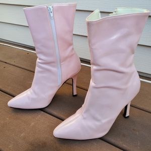 Pearlized, Baby Pink Gogo, patent ankle booties.